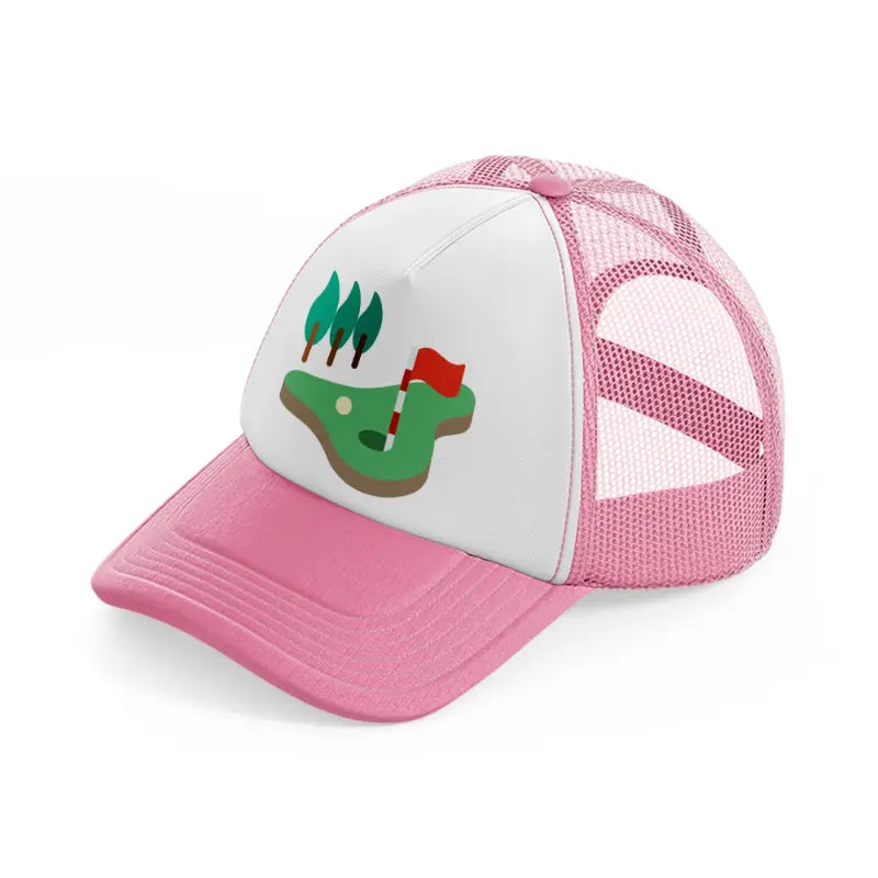 golf field trees-pink-and-white-trucker-hat