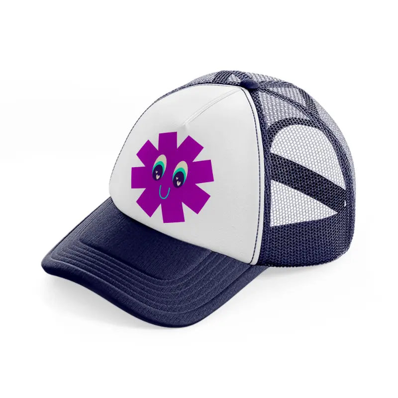 purple smiley flower navy blue and white trucker hat