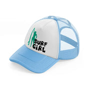 standing surf girl sky blue trucker hat