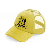 size matters gold trucker hat