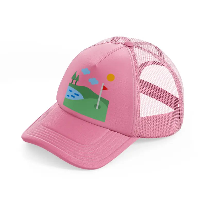 golf field river pink trucker hat