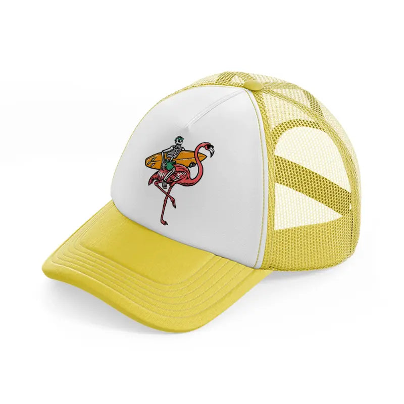 skeleton and flamingo get ready to surf-yellow-trucker-hat