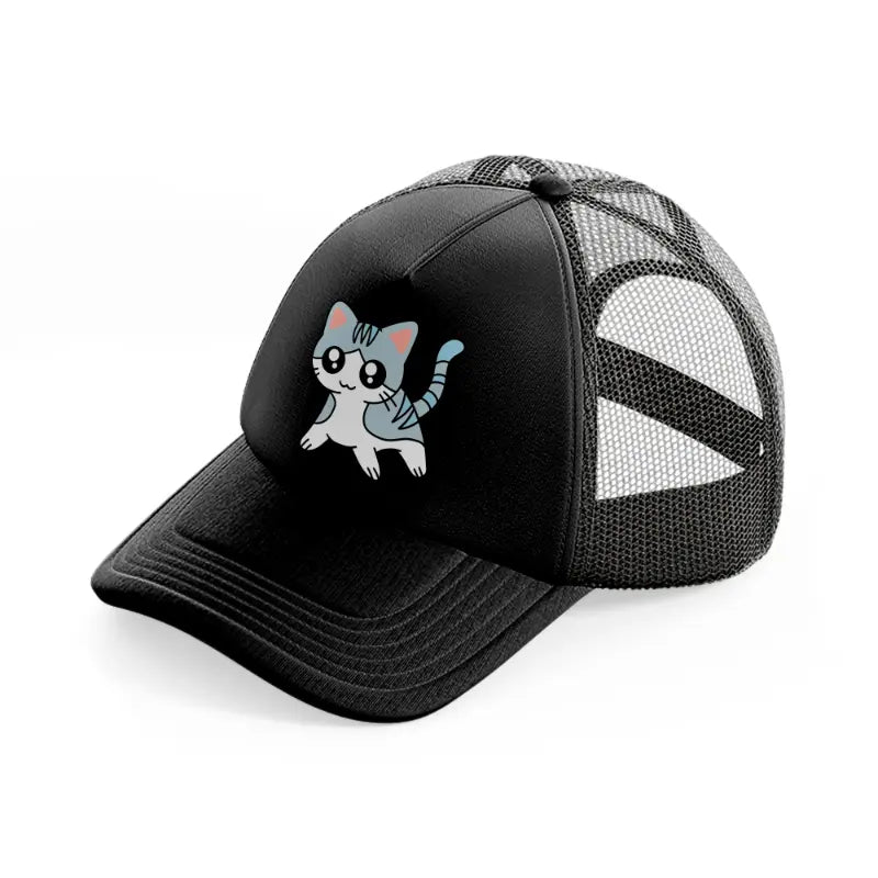 grey kitten black trucker hat