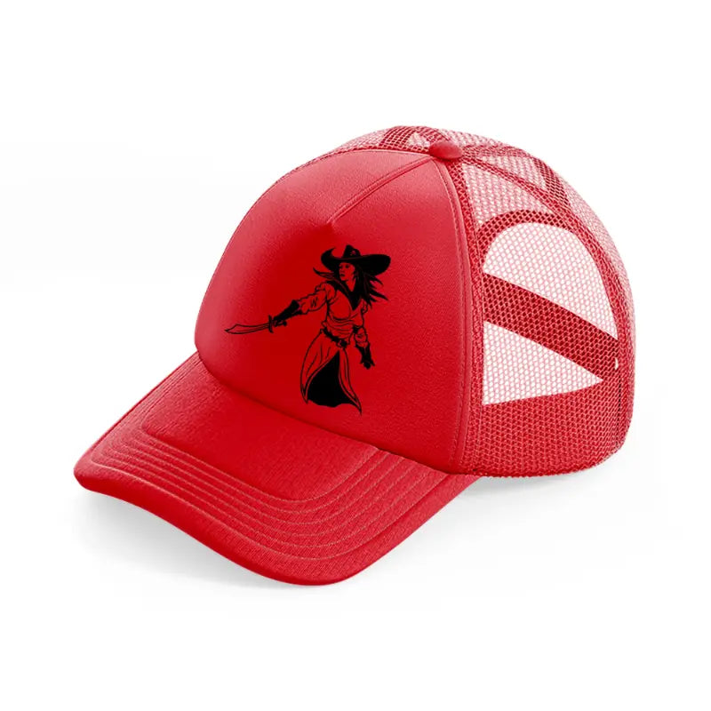 lady with sword-red-trucker-hat