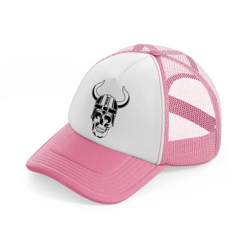 skull with helmet-pink-and-white-trucker-hat