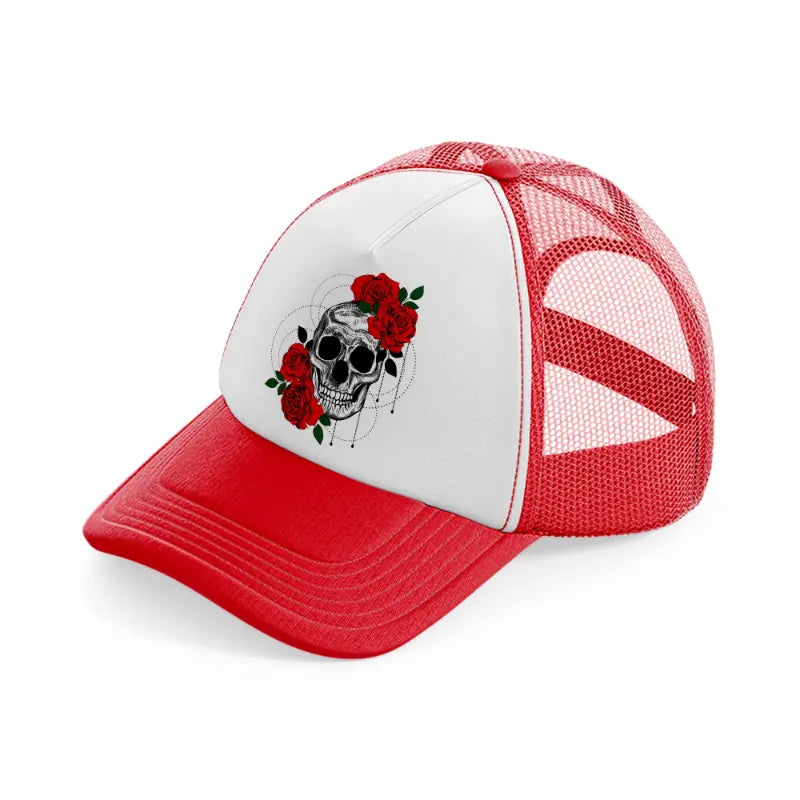 skull roses red and white trucker hat