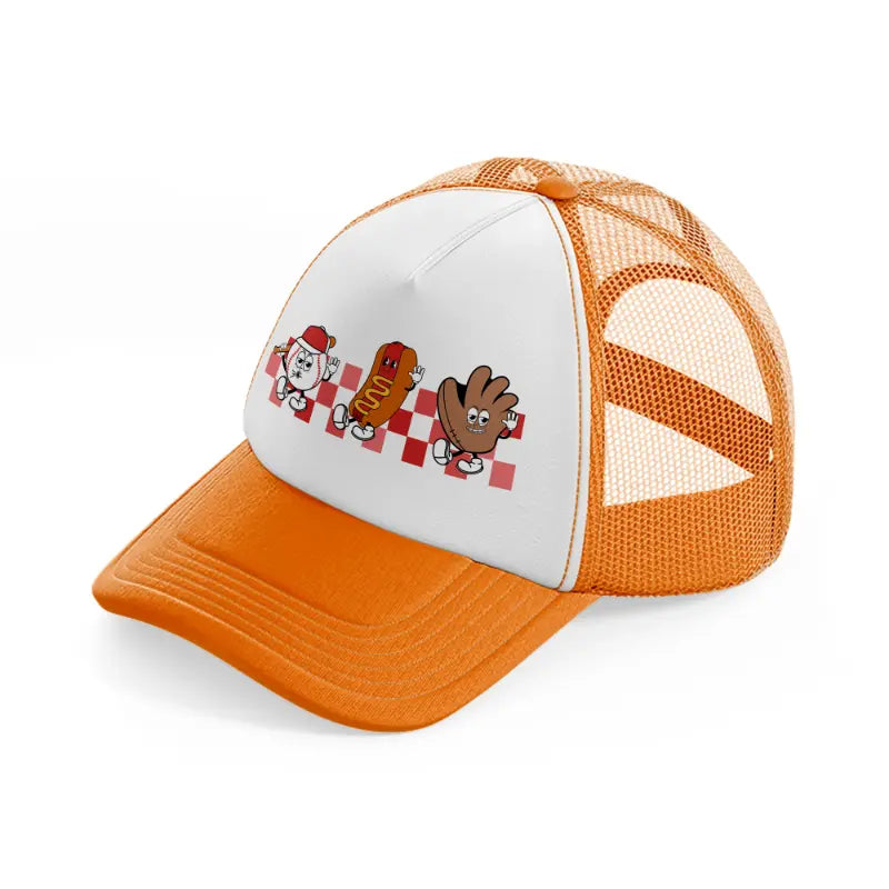 baseball cartoon characters-orange-trucker-hat
