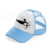 micky on plane-sky-blue-trucker-hat