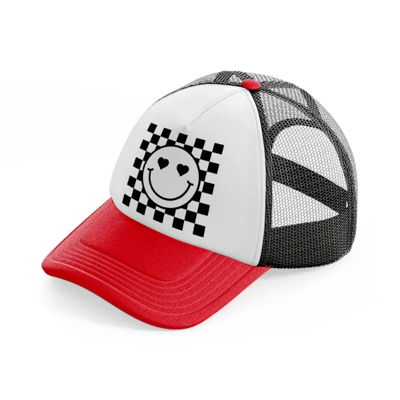 love happy face-red-and-black-trucker-hat