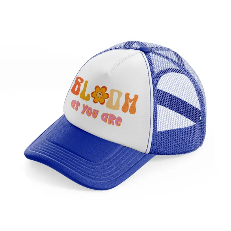 hippiehappy3 blue and white trucker hat