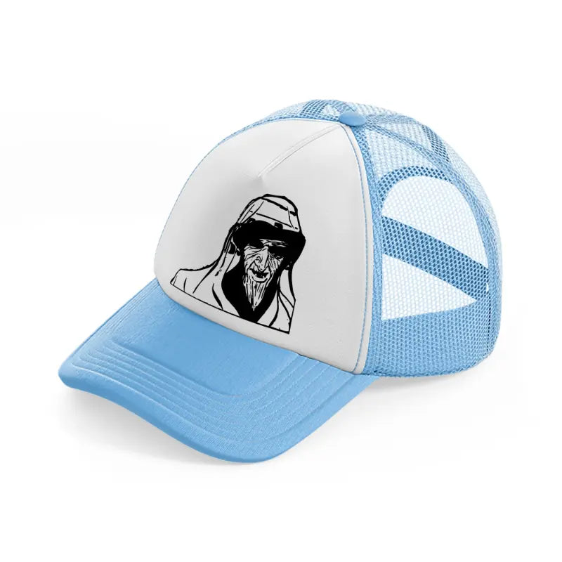 scary old man-sky-blue-trucker-hat