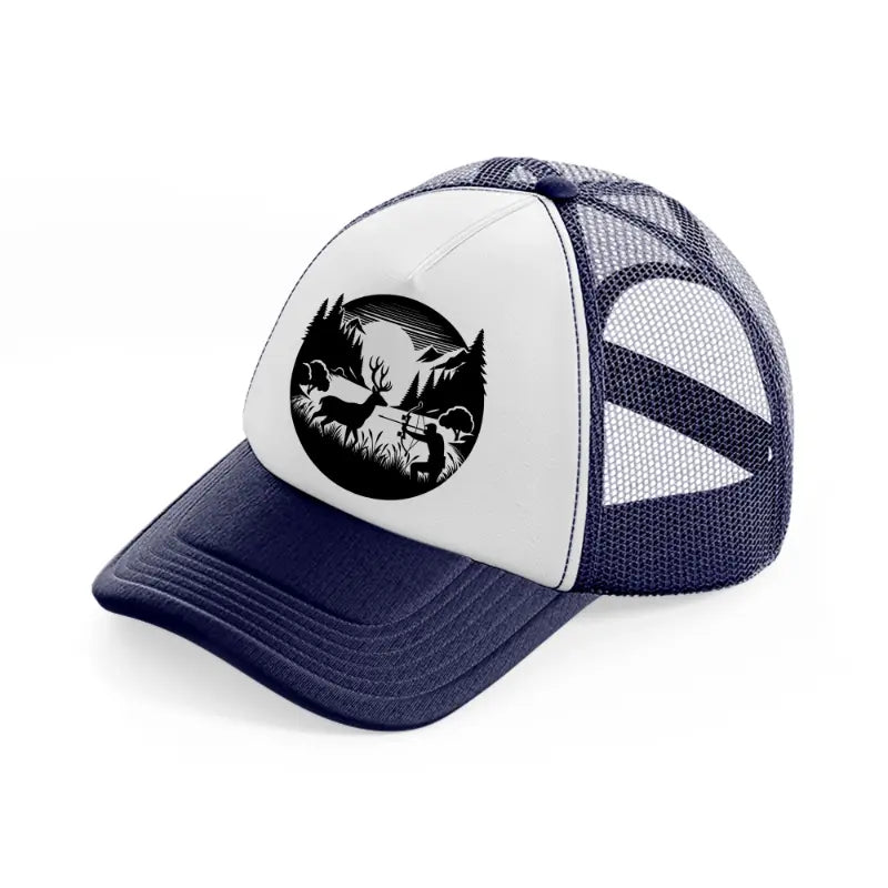 deer hunter navy blue and white trucker hat