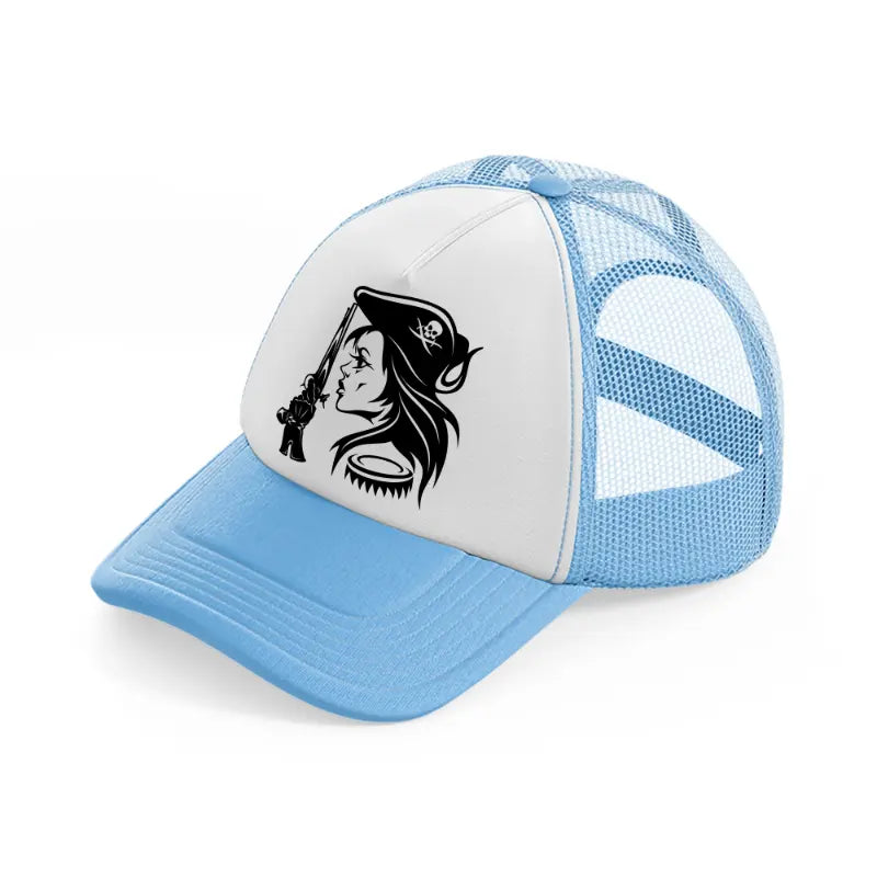 lady with gun sky blue trucker hat