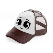 happy blushy face brown trucker hat