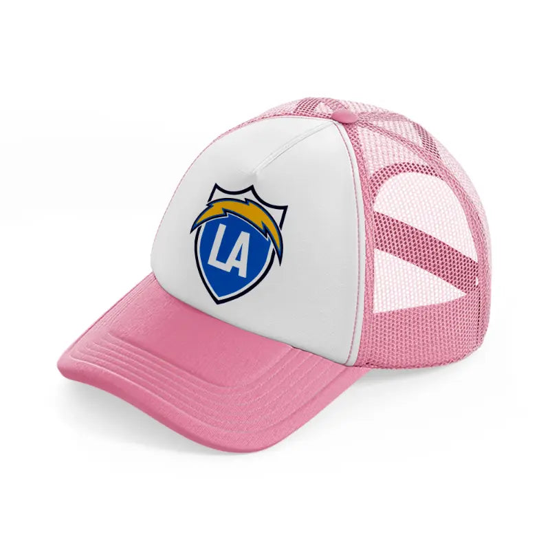 los angeles chargers emblem-pink-and-white-trucker-hat