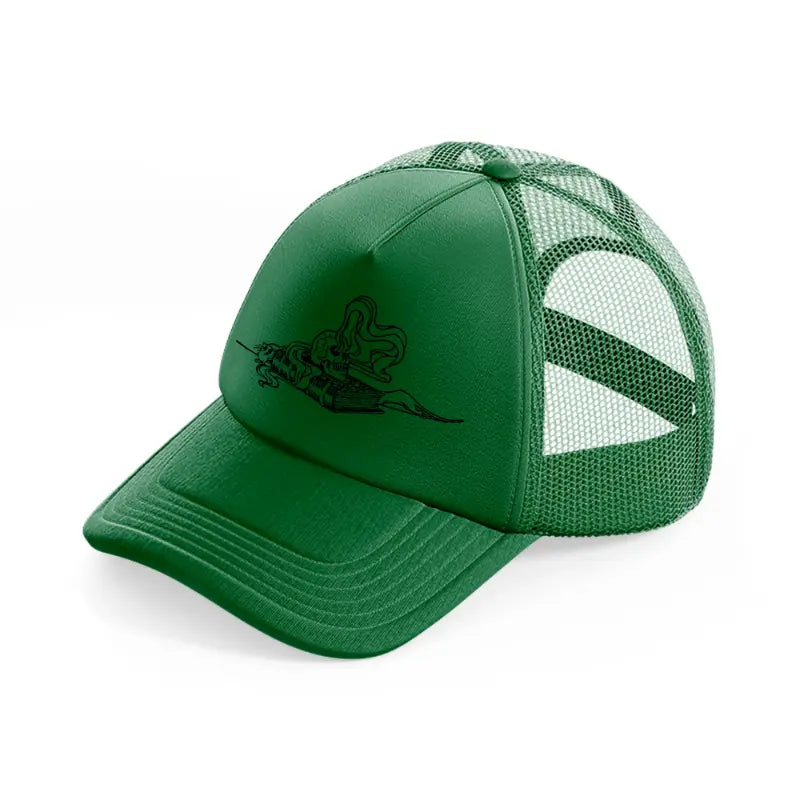 skull on book-green-trucker-hat