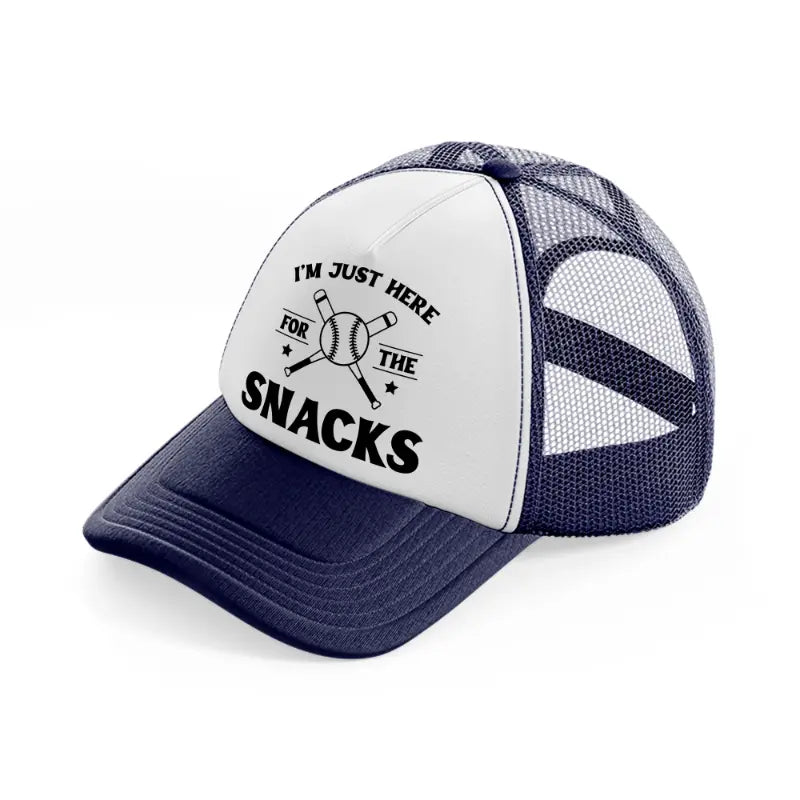 i'm just here for the snacks navy blue and white trucker hat