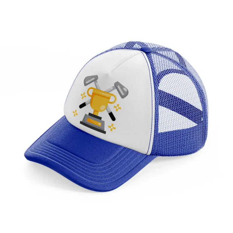 trophy with stick blue and white trucker hat