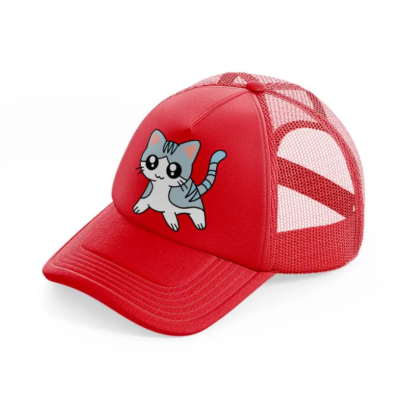 grey kitten red trucker hat