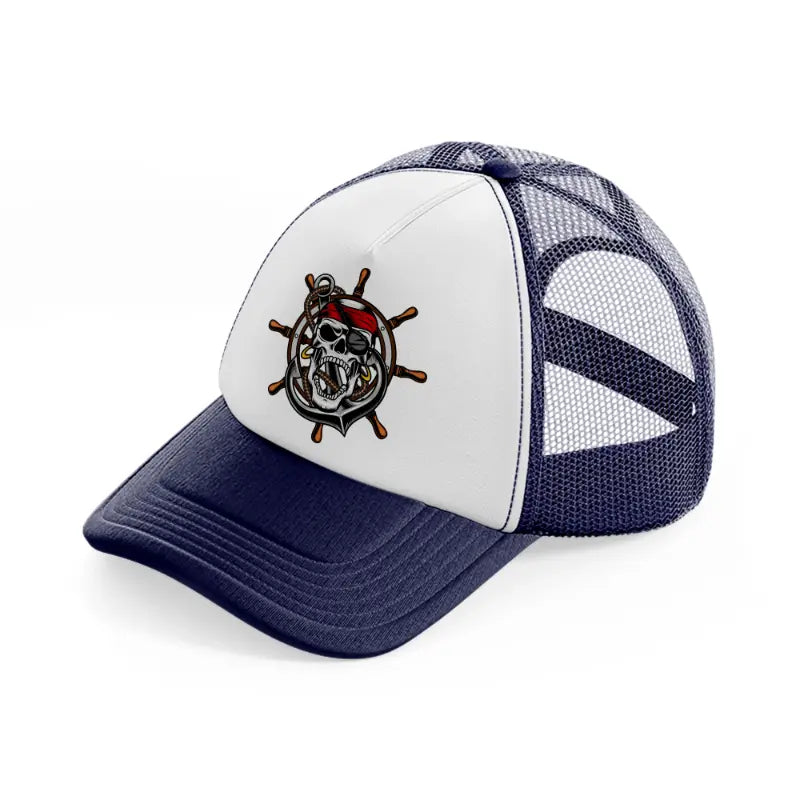 pirates skull mascot wheel-navy-blue-and-white-trucker-hat