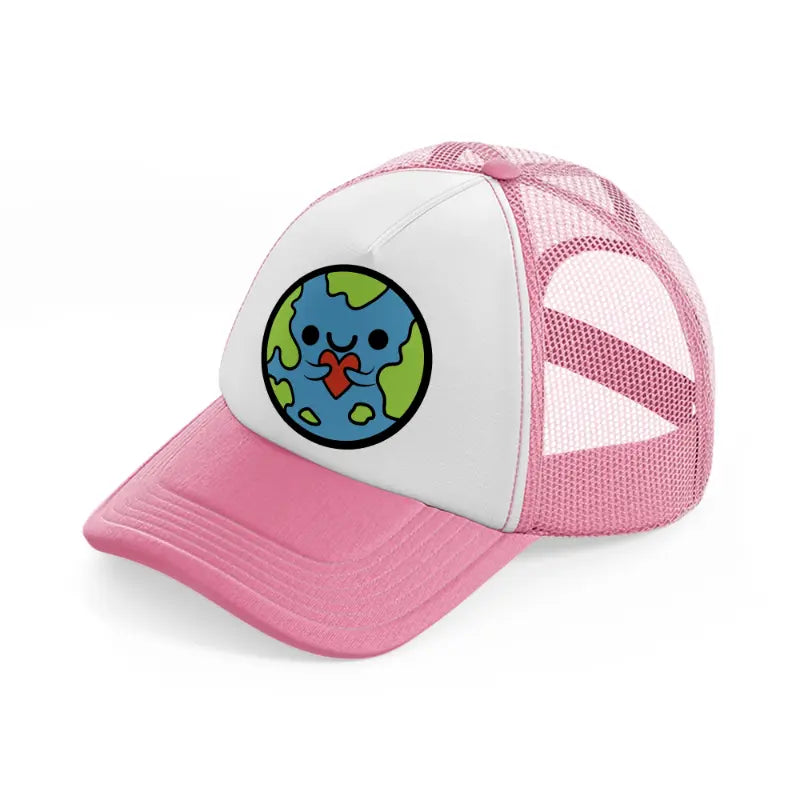 earth love pink and white trucker hat