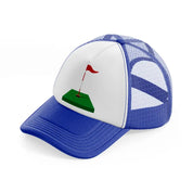 red flag cartoon-blue-and-white-trucker-hat