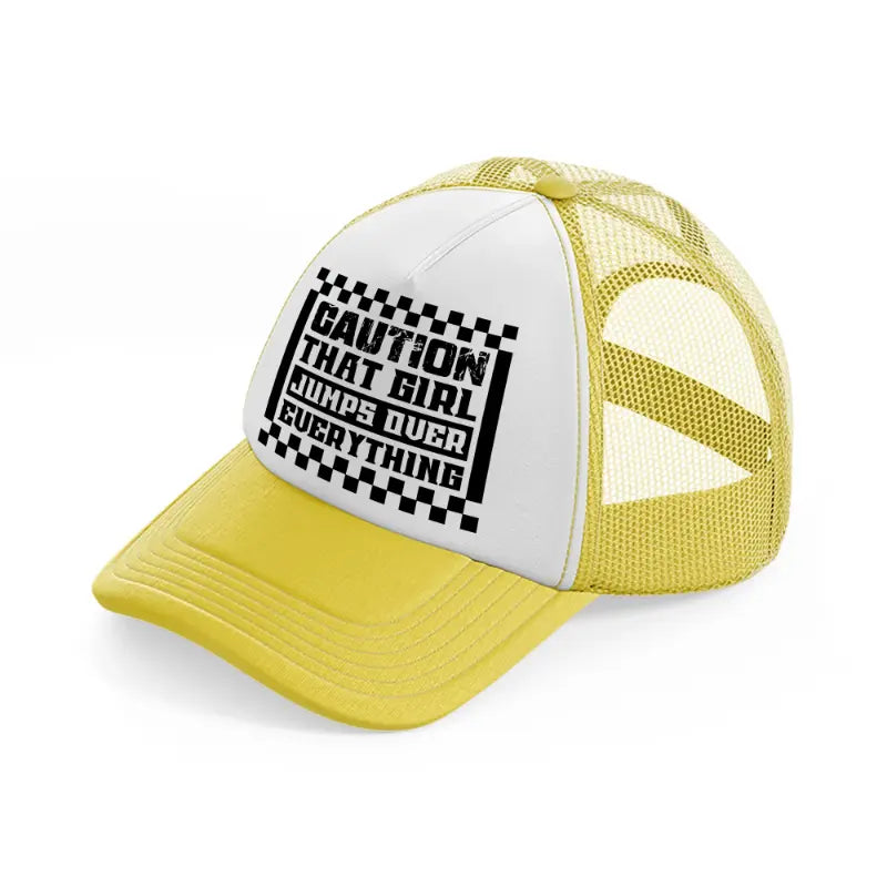 caution that girl jumps over everything-yellow-trucker-hat