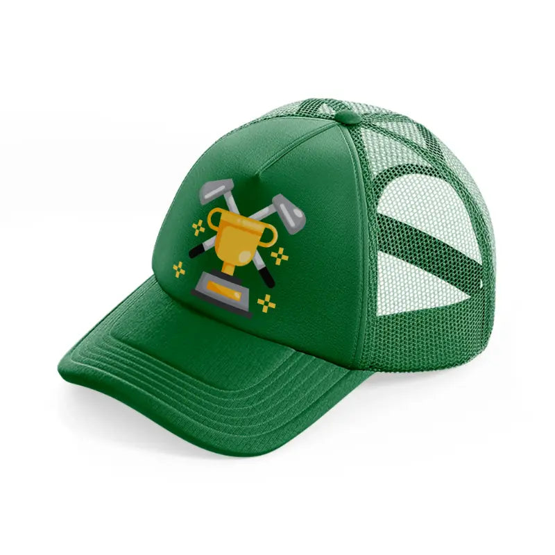 trophy with stick green trucker hat