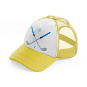 golf sticks. yellow trucker hat