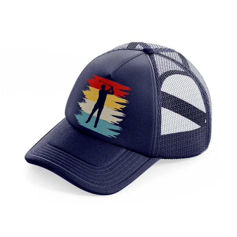 golf player with cap retro-navy-blue-trucker-hat