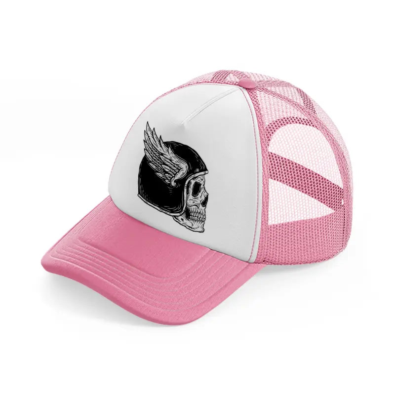 dark skull helmet with wing art-pink-and-white-trucker-hat