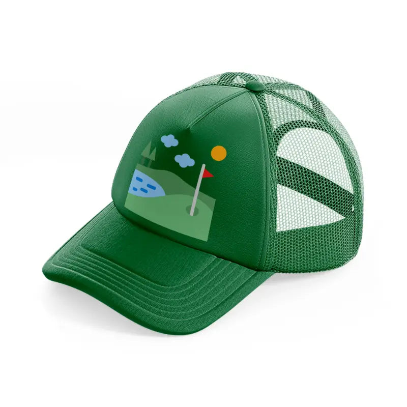 golf field river green trucker hat