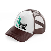 standing surf girl brown trucker hat