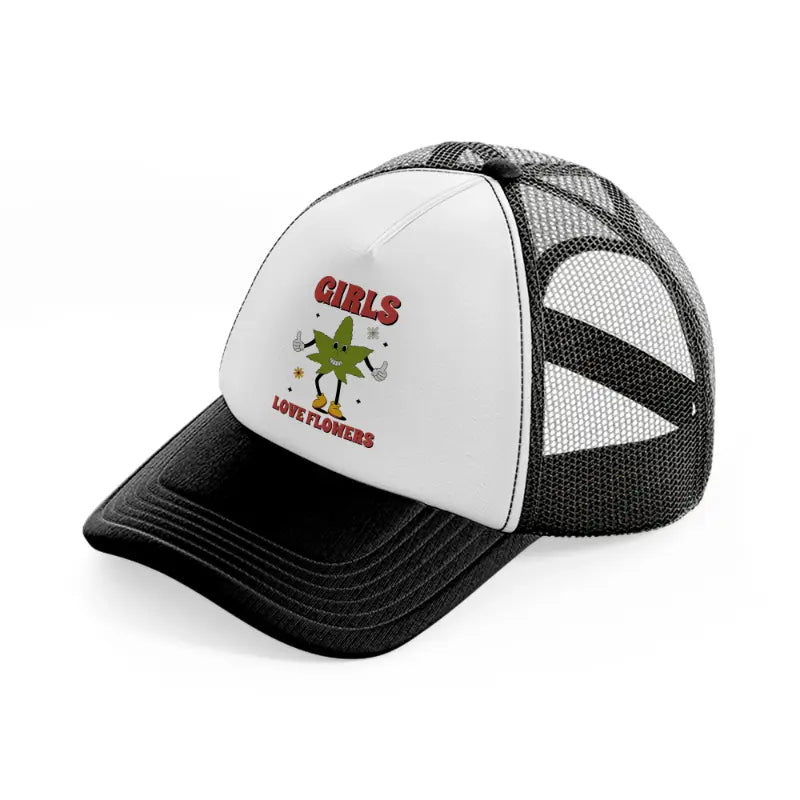 retro groovy 70s cannabis leaf character-black-and-white-trucker-hat