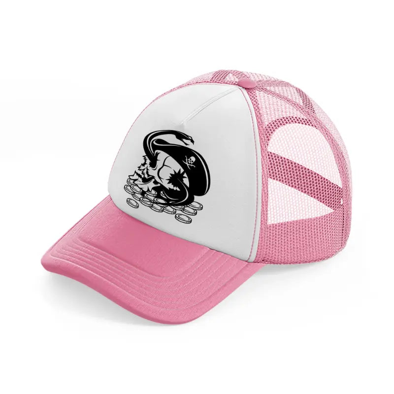 skull & coins pink and white trucker hat