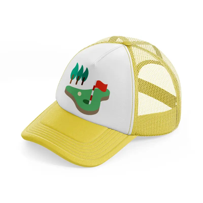 golf field trees yellow trucker hat