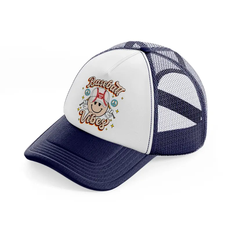 baseball vibes smiley-navy-blue-and-white-trucker-hat