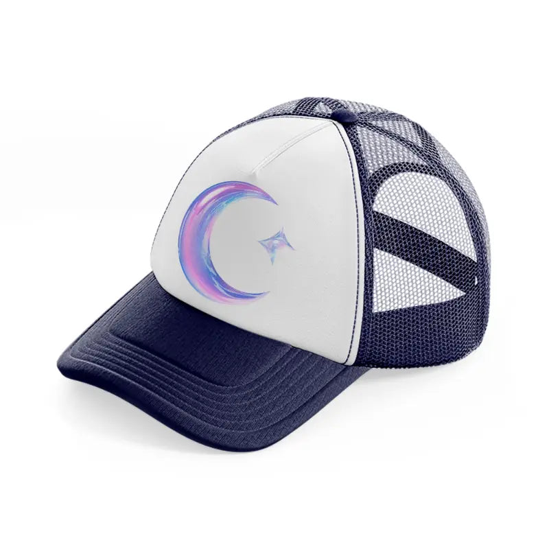 crescent moon with star-navy-blue-and-white-trucker-hat