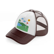 golf field river brown trucker hat