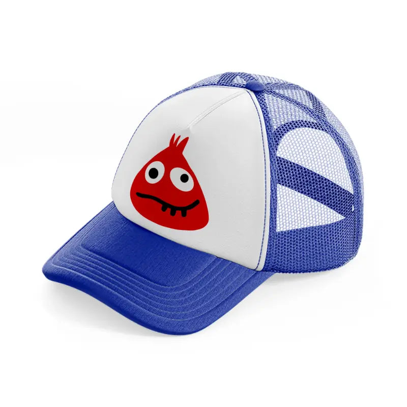 red monster-blue-and-white-trucker-hat