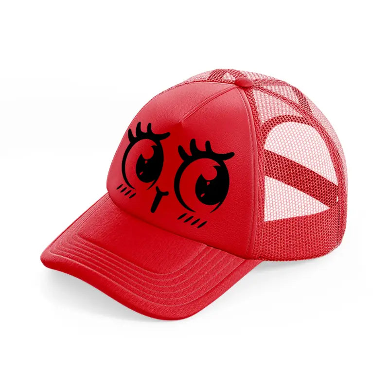 happy shy face red trucker hat