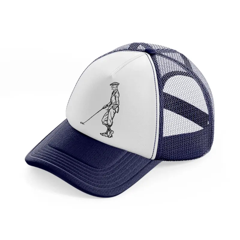 golfer with cap-navy-blue-and-white-trucker-hat