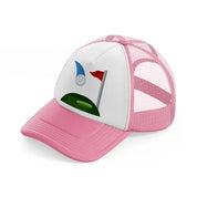 golfing cartoon-pink-and-white-trucker-hat