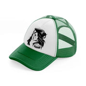 lady with gun green and white trucker hat