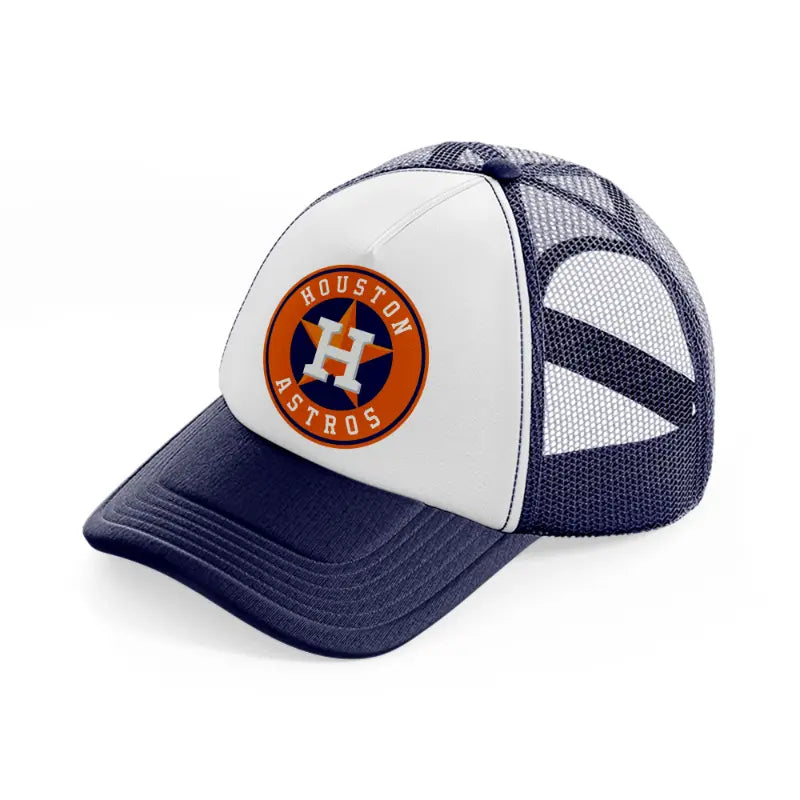 houston astros orange badge-navy-blue-and-white-trucker-hat