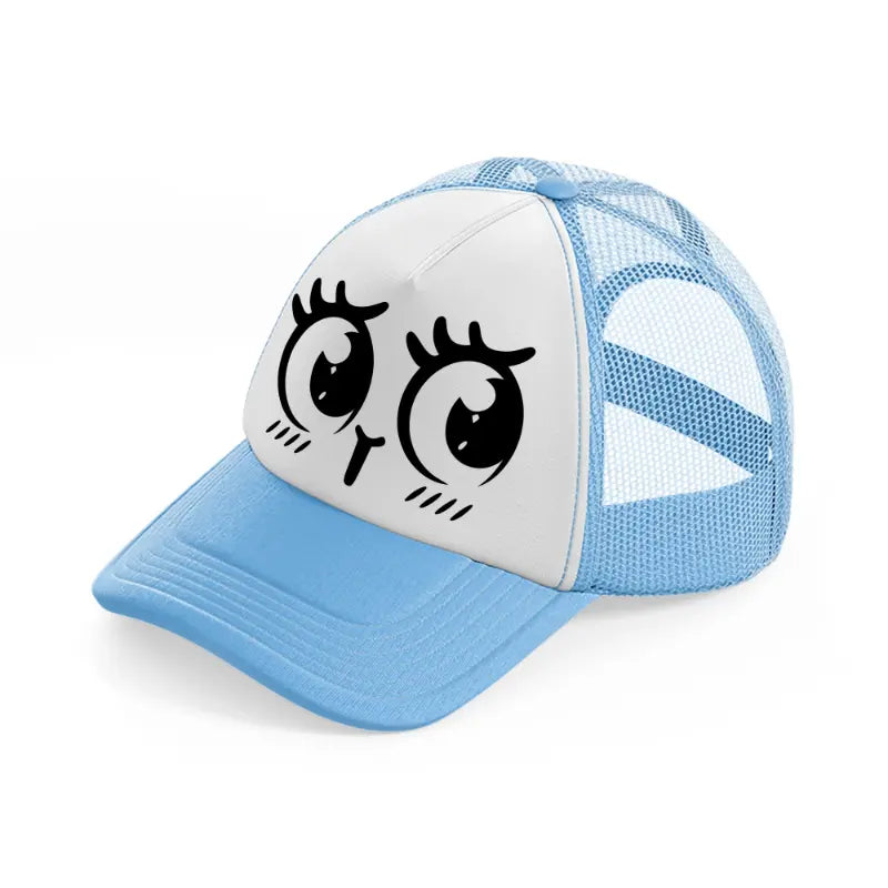 happy shy face sky blue trucker hat