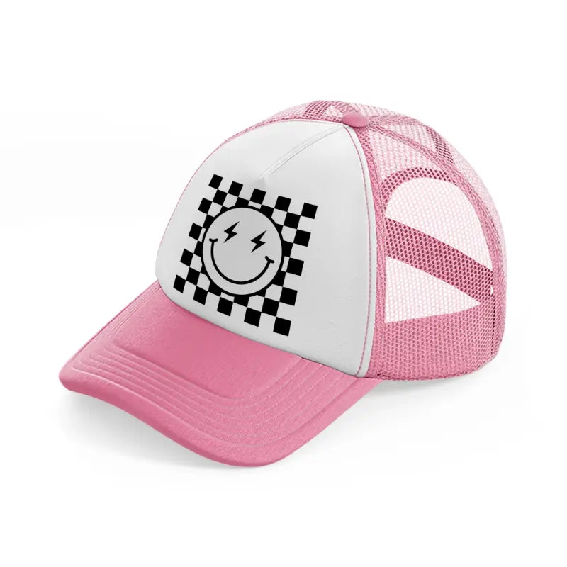 electrifying smiley pink and white trucker hat