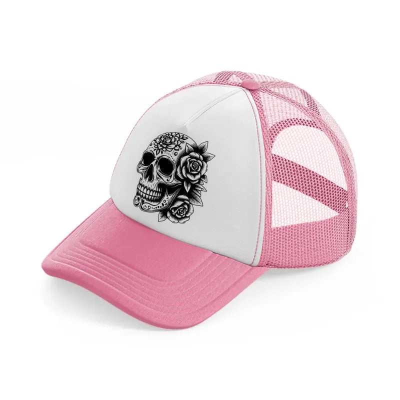 skull head flower-pink-and-white-trucker-hat