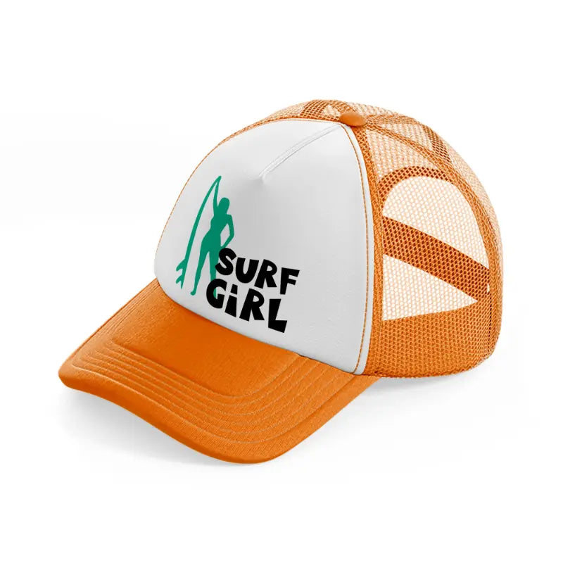 standing surf girl orange trucker hat