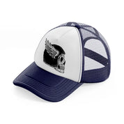 dark skull helmet with wing art navy blue and white trucker hat